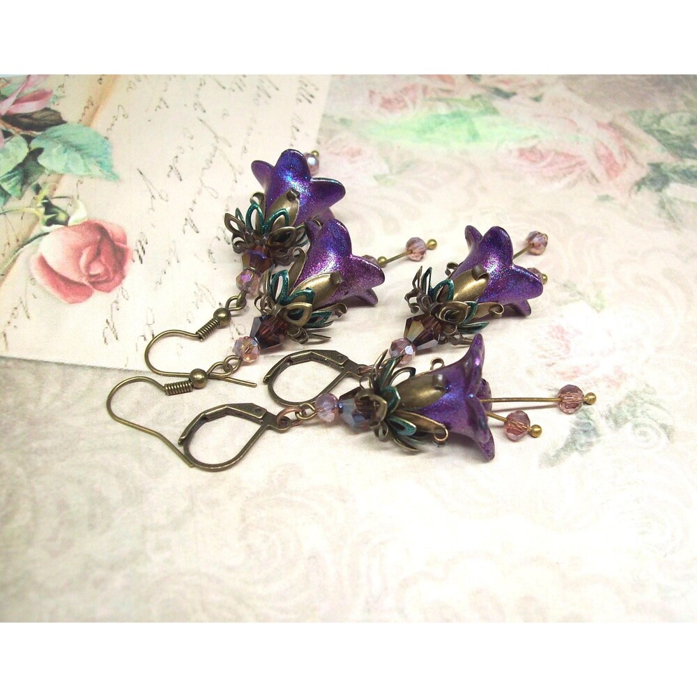 Boho Flower Earrings Vintage Style, Purple, Antique Bronze, Hand Painted Artisan